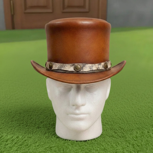 Sombrero de copa de cuero marrón hecho a mano de alta calidad, estilo victoriano, steampunk, gótico, para festivales. - Product Image 3