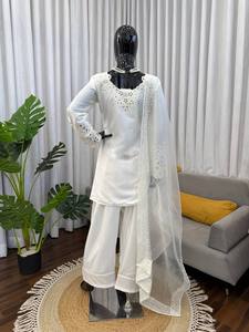 Conjunto de Salwar Kameez Blanco Bordado para Mujer, Traje Étnico Kurta Palazzo, Atuendo para Bodas y Fiestas - Product Image 2