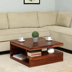 Mesa de Centro Moderna de Madera de Teca Sólida con Estante Abierto para Sala de Estar, con Acabado Natural - Product Image 3