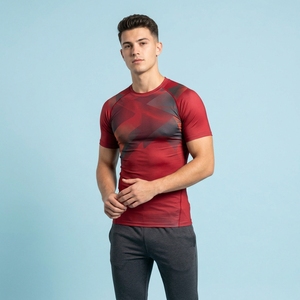 Men's Red Geometric Pattern Compression T-Shirt Short Sleeve Quick Dry Sporty Fit Athletic Performance Top - Product Image 1