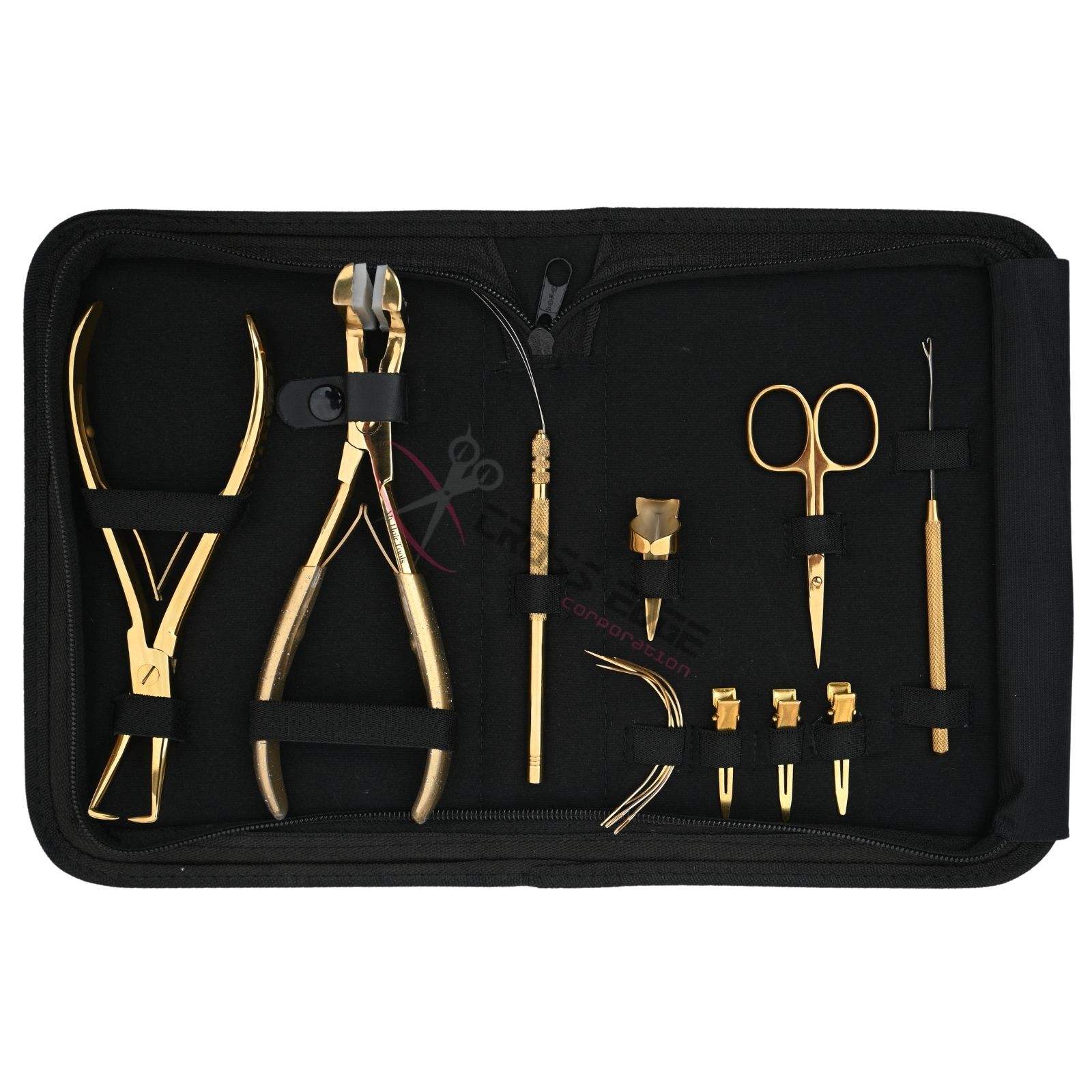 Kit d'outils pour extensions de cheveux dorées