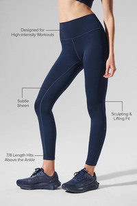 Leggings de sport taille mi-haute pour femme, bleu marine, longueur intégrale, sculptants, pour entraînement intensif et yoga, coupe ajustée, en Spandex/Polyester - Product Image 1