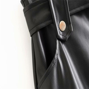 Mini-jupe en cuir PU pour femme avec ourlet plissé et poches, couleur unie, brillante, taille normale, style toutes saisons - Product Image 5