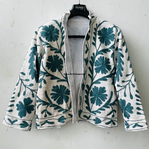 Veste d'hiver en coton Suzani indienne faite à la main, brodée à la main, longueur normale, unisexe, avec col montant - Product Image 2