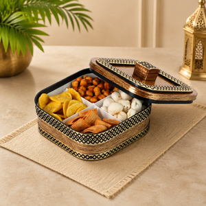 Plateau de service carré en bois et métal, fait main, pour le Ramadan, plateau de table pour dattes et noix, amandes, noix de cajou et raisins secs - Product Image 6
