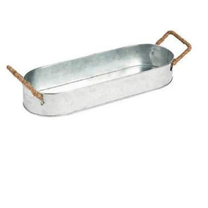 Plateau ovale en métal galvanisé style ferme avec poignées en corde, plateau de service décoratif en fer pour la maison et les événements - Product Image 1