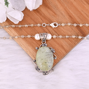 Collier pendentif en argent sterling 925 avec perle, rutile doré et préhnite - Product Image 4