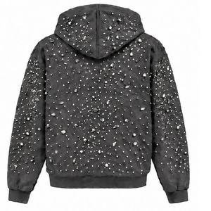 Sudadera con capucha gris carbón perlado con cremallera, chaqueta de streetwear con cristales brillantes, sudadera con capucha de manga larga - Product Image 2