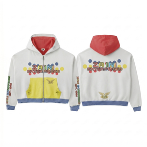 350g Premium Cotton Polyester Woven Breathable <b>Men</b> Zipper <b>Hoodie</b> White <b>Yellow</b> Blue Panel Design Custom DTF Screen Print - Product Image 1