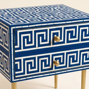 Mesita de Noche Artesanal con Incrustaciones de Hueso Azul y 2 Cajones, Mesa de Noche con Diseño Griego, Muebles Modernos con Incrustaciones de Hueso - Product Image 3