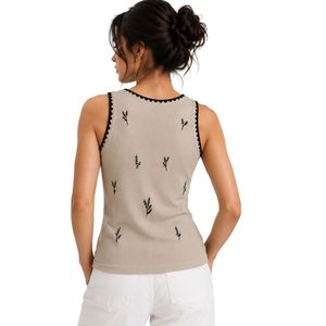 Débardeur côtelé personnalisé beige et noir pour femme, sans manches, brodé, décontracté, coupe ajustée, en coton extensible, vêtement d'été sur mesure - Product Image 2