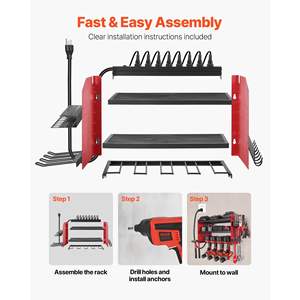 Support pour 4 perceuses, station de charge à 3 niveaux, organisateur de multiprises, panneau perforé latéral pour garage, établi, atelier, avec 8 compartiments à outils intégrés - Product Image 6