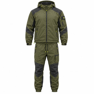 Chándal táctico negro oliva con capucha y cremallera completa, pantalones cargo con rodillas reforzadas, traje táctico para hombre con detalles neón. - Product Image 1