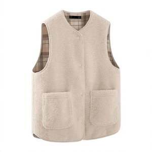 <b>Women's</b> Vintage Checkered Knitted Lamb Wool <b>Vest</b> Round Neck Double-Sided Sleeveless Waistcoat for Autumn Winter - Product Image 3