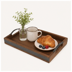 Bandeja de madera rústica al por mayor con asas metálicas resistentes, bandeja rectangular decorativa de madera para mesa de centro o otomana - Product Image 6