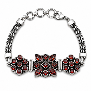 Bracelet artisanal vintage en laiton plaqué argent antique avec perles et motif floral, garnet rouge, cadeau d'anniversaire pour femme, vente en gros - Product Image 1