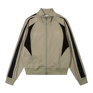 Men's Khaki Black Color Blocking <b>Racer</b> <b>Jacket</b> Stand Collar Zipper Closure Sporty Style Autumn Wear Polyester Cotton Knitted - Product Image 1