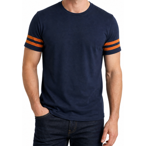 เสื้อยืดผู้ชายแขนสั้นลายทางสีกรมท่าส้มสีกรมท่าเสื้อยืดลำลอง - Product Image 1