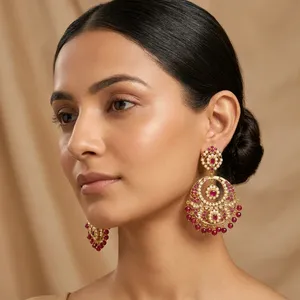 Pendientes de Araña de Latón con Baño de Rodio Jadau Kundan de Diseñador, Joyería de Declaración para Mujer con Zirconia y Perlas de Imitación, Venta al por Mayor - Product Image 6