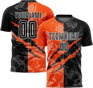 Camiseta de Fútbol Sublimada Personalizada para Hombre, Naranja y Negra, Cuello Redondo, Manga Corta, Uniforme de Equipo Geométrico con Número - Product Image 5