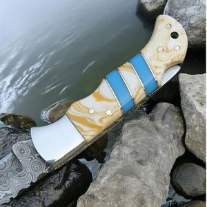 Couteaux de chasse pliants à pointe acérée avec poignée à motif bleu, lame en acier lisse et étui en cuir pour la chasse et le camping - Product Image 6