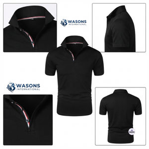 Camiseta Polo de Punto Negra para Hombre WASONS INTERNATIONAL, Manga Corta, Color Sólido, Estilo Casual, Corte Regular, Diseño con Botones - Product Image 3
