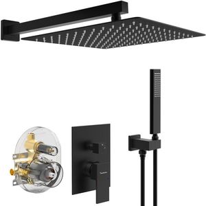 "Contemporary Male NPT Bathtub Shower Faucet <b>Set</b> with 12" Matte Black Rain Shower Head & Spout <b>Spray</b> Pattern" - Product Image 1