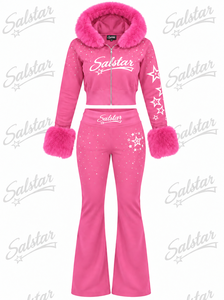 Women’s Pink <b>Velour</b> <b>Tracksuit</b> Set with Pink Fur Hood, Rhinestone Star Design & Flared Pants – Custom Logo Fashion Jogger Set - Product Image 3
