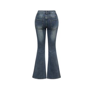 Custom Women Rhinestone Flare Jeans Distressed Ripped Flame Graphic Blue Denim Pants Vintage Y2K Bell Bottom Streetwear <b>Trousers</b> - Product Image 2