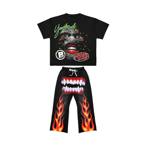 260 GSM Cotton Fleece Black <b>Graphic</b> <b>Tee</b> Pant Set Reactive Print Puff Print Custom Logo Fit 2 Pieces Sets men's - Product Image 5