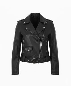Chaqueta de cuero negra para mujer al por mayor, estilo motero, ajustada, con cremallera, solapa y cinturón, abrigo personalizado con logo para primavera y otoño - Product Image 1