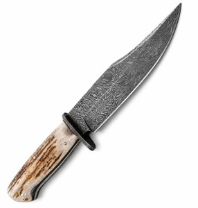 Cuchillo Bowie de Acero de Damasco Hecho a Mano con Mango de Cuerno y Funda de Cuero, Cuchillo para Acampar al Aire Libre - Product Image 2