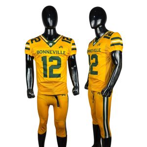Ensemble de maillots de football américain personnalisés pour hommes, jaune et vert, sublimés, en mesh ajusté, manches courtes, anti-transpiration, uniforme 320 grammes - Product Image 2