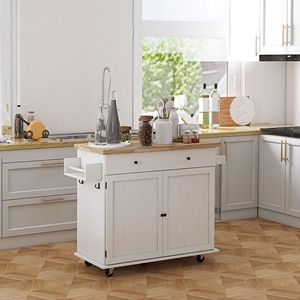 Carrello da Cucina Bianco Regolabile con Piano in Legno Massello, Cassetto e Ante, Isola Mobile per Colazione - Product Image 2