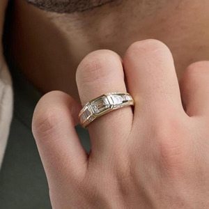 <b>Emerald</b> Cut Moissanite Diamond Mens Engagement <b>Ring</b> with Round and Baguette Side Stones 925 Sterling <b>Silver</b> Promise <b>Ring</b> for Him - Product Image 3