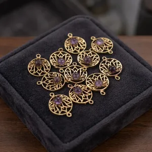 Natural Amethyst Brass Pendant <b>Charm</b>, Floral Filigree <b>Jewelry</b> Making Component - Product Image 2