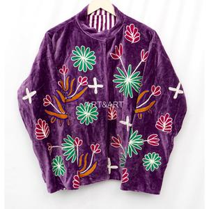 Purple <b>Velvet</b> <b>Women's</b> Eco-Friendly Cotton Jacket Embroidered Floral O-Neck Full Sleeves Open Front Blazer Autumn <b>Coat</b> - Product Image 3