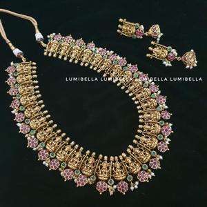 Fashion Jewelry Set Gold Plated Women's Wedding Regular Length Goddess Lakshmi Style Haram Nova Mart Oxidized Polish - Product Image 3