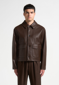 Chaqueta de Cuero Marrón para Hombre, Estilo Workwear, Cuello Camisero, Cierre de Botón, Corte Regular, Color Sólido, Cuero Genuino - Product Image 5