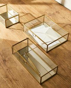 Boîte en verre carrée avec couvercle et cadre métallique, boîte de présentation en verre or/organisateur de bijoux, boîte de rangement décorative en verre - Product Image 1