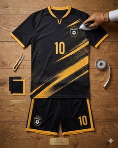 Nuevo Conjunto de Uniforme de Fútbol Personalizado Negro y Dorado para Hombre, Sublimado, Cuello en V, Bolsillos Laterales, Transpirable, Secado Rápido, Ropa Deportiva para Equipo - Product Image 5