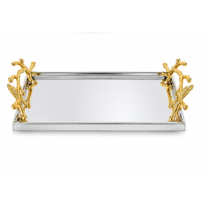 Stainless Steel Rectangular Serving <b>Tray</b> With <b>Gold</b> Branch Handles <b>Mirror</b> Polished Metal Decorative Platter For Hotel Restaurant - Product Image 1