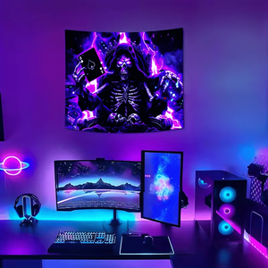 Tapisserie Murale en Polyester Luminescente au Néon Effet UV, Motif Crâne Roi du Poker, Facile à Accrocher, Décoration Murale avec Design Squelette Gaming - Product Image 4