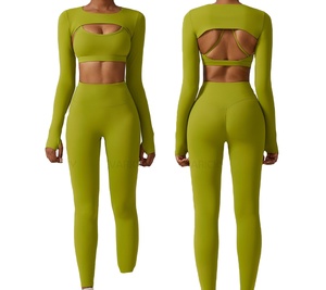 Conjunto de entrenamiento de tres piezas de talla grande para mujer, camisola larga, Sujetador deportivo, mallas elásticas para correr al aire libre, espalda cruzada, Yoga - Product Image 2