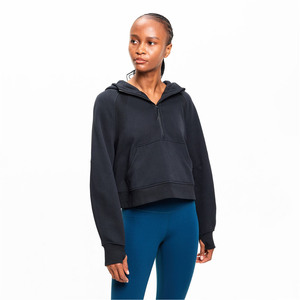Sweat-shirt à capuche noir pour femme, manches longues, couleur unie, en coton tricoté respirant, anti-boulochage, coupe courte, pour l'automne - Product Image 4