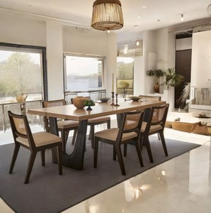 Ensemble de salle à manger en bois de style moderne du milieu du siècle, table rectangulaire avec chaises à dossier en rotin, ensemble de 7 pièces pour usage en ferme et en hôtel - Product Image 1