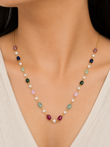 Custom Rhodium Plated Necklace Multi Gemstone Oval Bead Pearl Station Cable <b>Chain</b> Rainbow Minimalist Women Luxury Gift Jewelry - Product Image 1