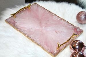 HANDMADE Pink Rose quartz Theme Resin tray, Epoxy Resin Tray with Rose Quartz Rim, White and Pink Resin Tray with gold <b>Paint</b> and - Product Image 3