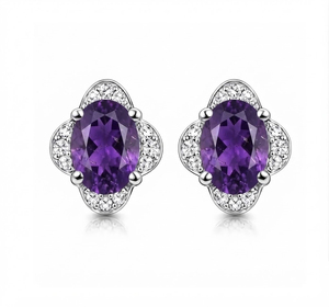 Rhaya Jewels <b>Sterling</b> <b>Silver</b> Rhodium Plated Classic Romantic Floral Amethyst <b>Stud</b> Earrings CZ Halo Model 680 Wedding Engagement - Product Image 1