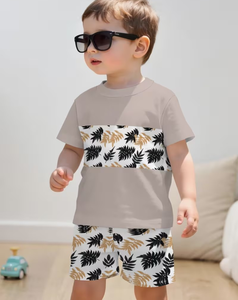Boys Tropical Print Jersey Sweatshirt and Shorts Set Casual Summer Outfit with Custom Logo - Product Image 1